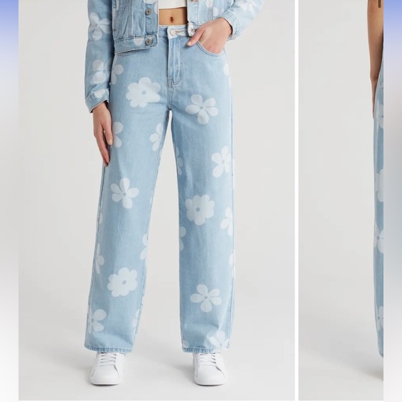 flying angel Denim - Floral Light Blue Wide Leg Jeans